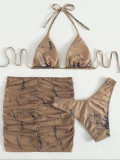 Marble print mesh Three-Piece skirt swimsuit bikini