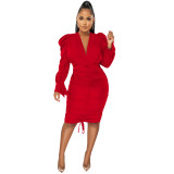 Women Casual Solid Long Sleeve Pleated V-Neck Dress