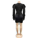 Women Casual Solid Long Sleeve Pleated V-Neck Dress