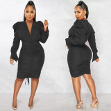 Women Casual Solid Long Sleeve Pleated V-Neck Dress