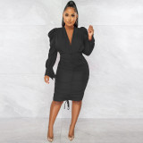 Women Casual Solid Long Sleeve Pleated V-Neck Dress