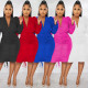 Women Casual Solid Long Sleeve Pleated V-Neck Dress