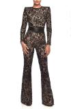 Women Lace Crew Neck Long Sleeve Slim Jumpsuit