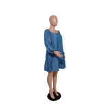Plus Size Women Off Shoulder Long Sleeve Denim Dress