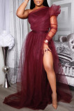 Plus Size Women One Shoulder Mesh Slit Dress