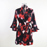 Temptation Sexy Pajamas Simulation Silk Ruffle Sleeve Cardigan Robe Nightgown