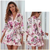 Temptation Sexy Pajamas Simulation Silk Ruffle Sleeve Cardigan Robe Nightgown