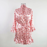 Temptation Sexy Pajamas Simulation Silk Ruffle Sleeve Cardigan Robe Nightgown