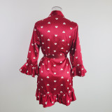 Temptation Sexy Pajamas Simulation Silk Ruffle Sleeve Cardigan Robe Nightgown