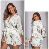 Temptation Sexy Pajamas Simulation Silk Ruffle Sleeve Cardigan Robe Nightgown