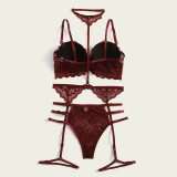 Sexy Garter Belt Three-Piece Lace See-Through Erotic Bikini Lingerie Set