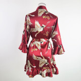 Temptation Sexy Pajamas Simulation Silk Ruffle Sleeve Cardigan Robe Nightgown