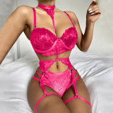 Sexy Garter Belt Three-Piece Lace See-Through Erotic Bikini Lingerie Set