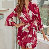 Temptation Sexy Pajamas Simulation Silk Ruffle Sleeve Cardigan Robe Nightgown