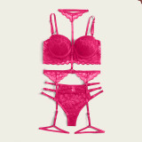 Sexy Garter Belt Three-Piece Lace See-Through Erotic Bikini Lingerie Set