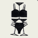 Sexy Garter Belt Three-Piece Lace See-Through Erotic Bikini Lingerie Set