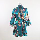 Temptation Sexy Pajamas Simulation Silk Ruffle Sleeve Cardigan Robe Nightgown