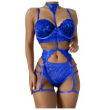 Sexy Garter Belt Three-Piece Lace See-Through Erotic Bikini Lingerie Set