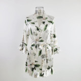 Temptation Sexy Pajamas Simulation Silk Ruffle Sleeve Cardigan Robe Nightgown