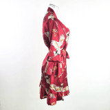 Temptation Sexy Pajamas Simulation Silk Ruffle Sleeve Cardigan Robe Nightgown