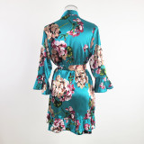 Temptation Sexy Pajamas Simulation Silk Ruffle Sleeve Cardigan Robe Nightgown
