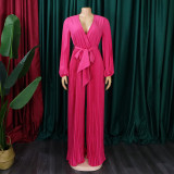 Summer V-Neck Sexy Lace-Up Pleated Wide Leg Plus Size Jumpsuit