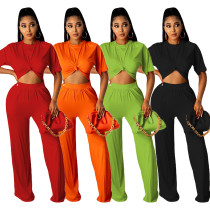Fall Women's Solid Casual Loose Two Piece Short Sleeve Trousers Fall Women's Solid Casual Loose Two Piece Short Sleeve Trousers