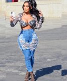 Summer Autumn Street Trendy High Waist Elastic Ripped Denim Pants Women