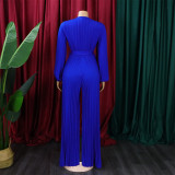 Summer V-Neck Sexy Lace-Up Pleated Wide Leg Plus Size Jumpsuit
