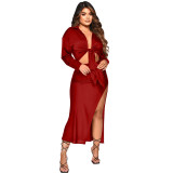 Women's Fall Ribbed Long Sleeve Slit Skirt Set