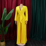 Summer V-Neck Sexy Lace-Up Pleated Wide Leg Plus Size Jumpsuit
