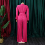 Summer V-Neck Sexy Lace-Up Pleated Wide Leg Plus Size Jumpsuit