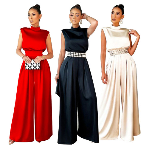 Women's Fashion Wide Leg Pants Solid Color Turtleneck Sleeveless Slim Waist Jumpsuit