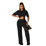 Fall Women's Solid Casual Loose Two Piece Short Sleeve Trousers