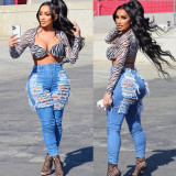 Summer Autumn Street Trendy High Waist Elastic Ripped Denim Pants Women