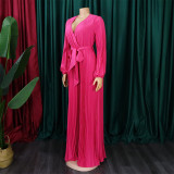 Summer V-Neck Sexy Lace-Up Pleated Wide Leg Plus Size Jumpsuit