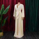 Summer V-Neck Sexy Lace-Up Pleated Wide Leg Plus Size Jumpsuit