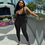 Women's Simple American Sports Vest Jumpsuit Summer Solid Color knitting Ribbed Trousers Women