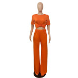 Fall Women's Solid Casual Loose Two Piece Short Sleeve Trousers