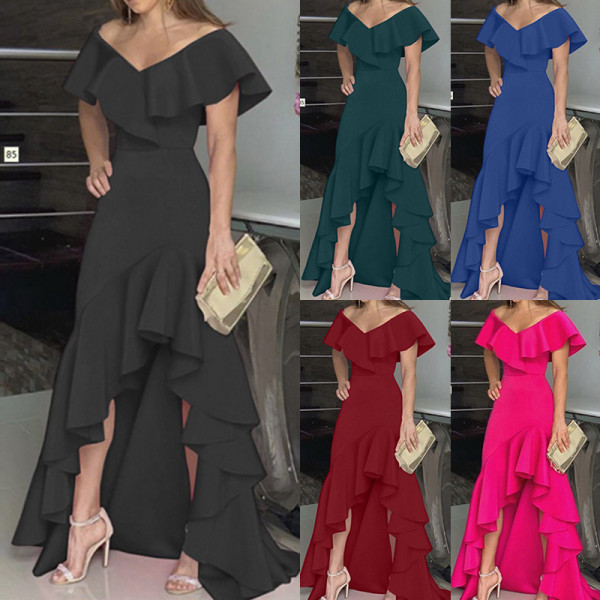 Women Elegant V-Neck Ruffle Irregular Maxi Dress