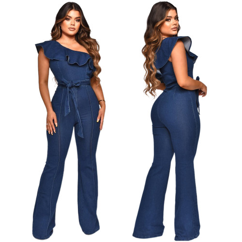 Women Ruffle Slash Shoulder Stretch Wide Leg Denim Jumpsuit
