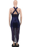 Women Clothing Summer Ladies Sleeveless Cross Neck Keyhole Fashion Irregular Sequins Party Dress