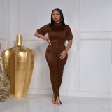 Sexy Solid Color Turtleneck Short Sleeve Two Piece Nightclub Pants Set