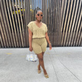 Sexy Solid Deep V Neck Sleeveless Loose Sweater Slim Shorts Two Piece Set