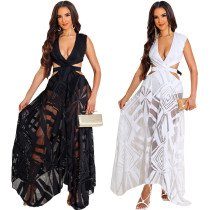 Women Clothing Summer Sexy Sleeveless V-Neck Waist Cutout See-Through Casual Women'S Maxi Dress
