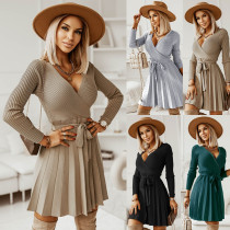 Autumn And Winter Sweater Dress Sexy V-Neck Pleated Knitting Short A-Line Dress Autumn And Winter Sweater Dress Sexy V-Neck Pleated Knitting Short A-Line Dress