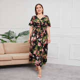Plus Size High Waist Trendy V-Neck Floral Print Sexy Maix Dress