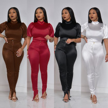 Sexy Solid Color Turtleneck Short Sleeve Two Piece Nightclub Pants Set Sexy Solid Color Turtleneck Short Sleeve Two Piece Nightclub Pants Set
