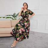 Plus Size High Waist Trendy V-Neck Floral Print Sexy Maix Dress