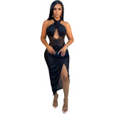 Women Clothing Summer Ladies Sleeveless Cross Neck Keyhole Fashion Irregular Sequins Party Dress
